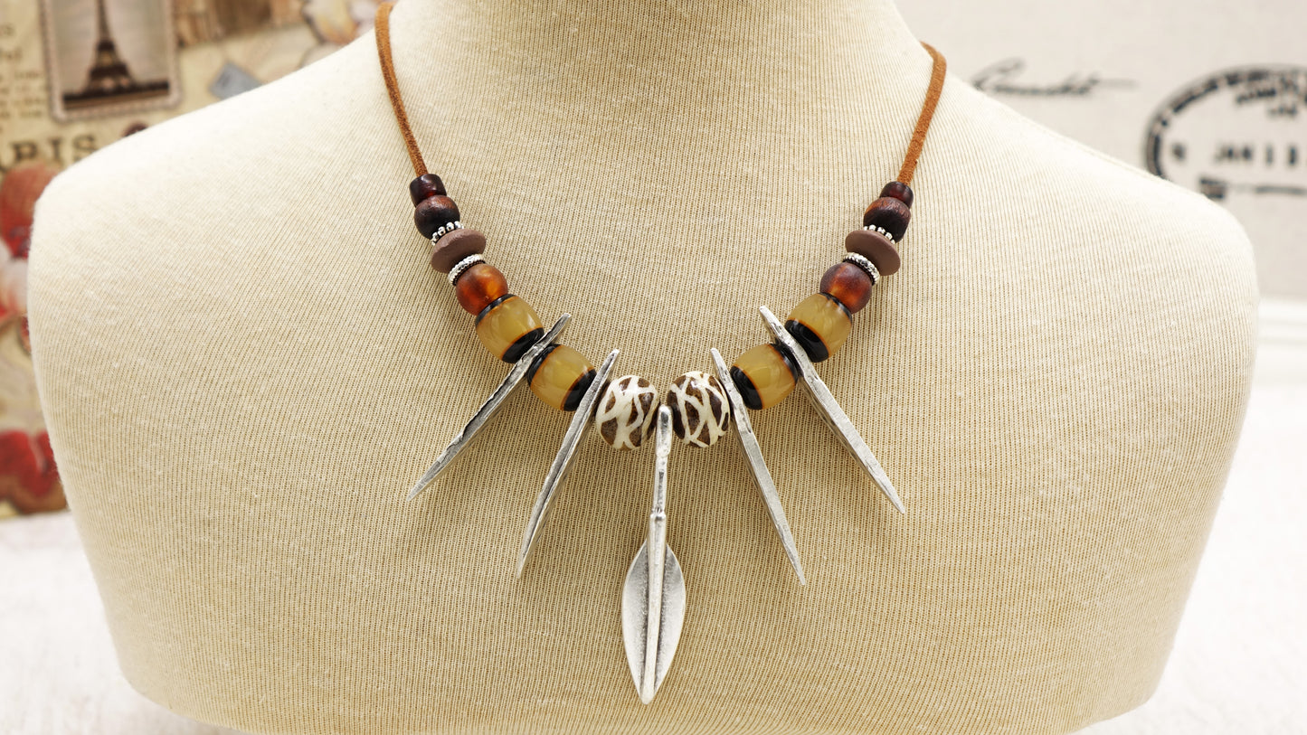 Boho Beaded Necklace with Tribal Charm