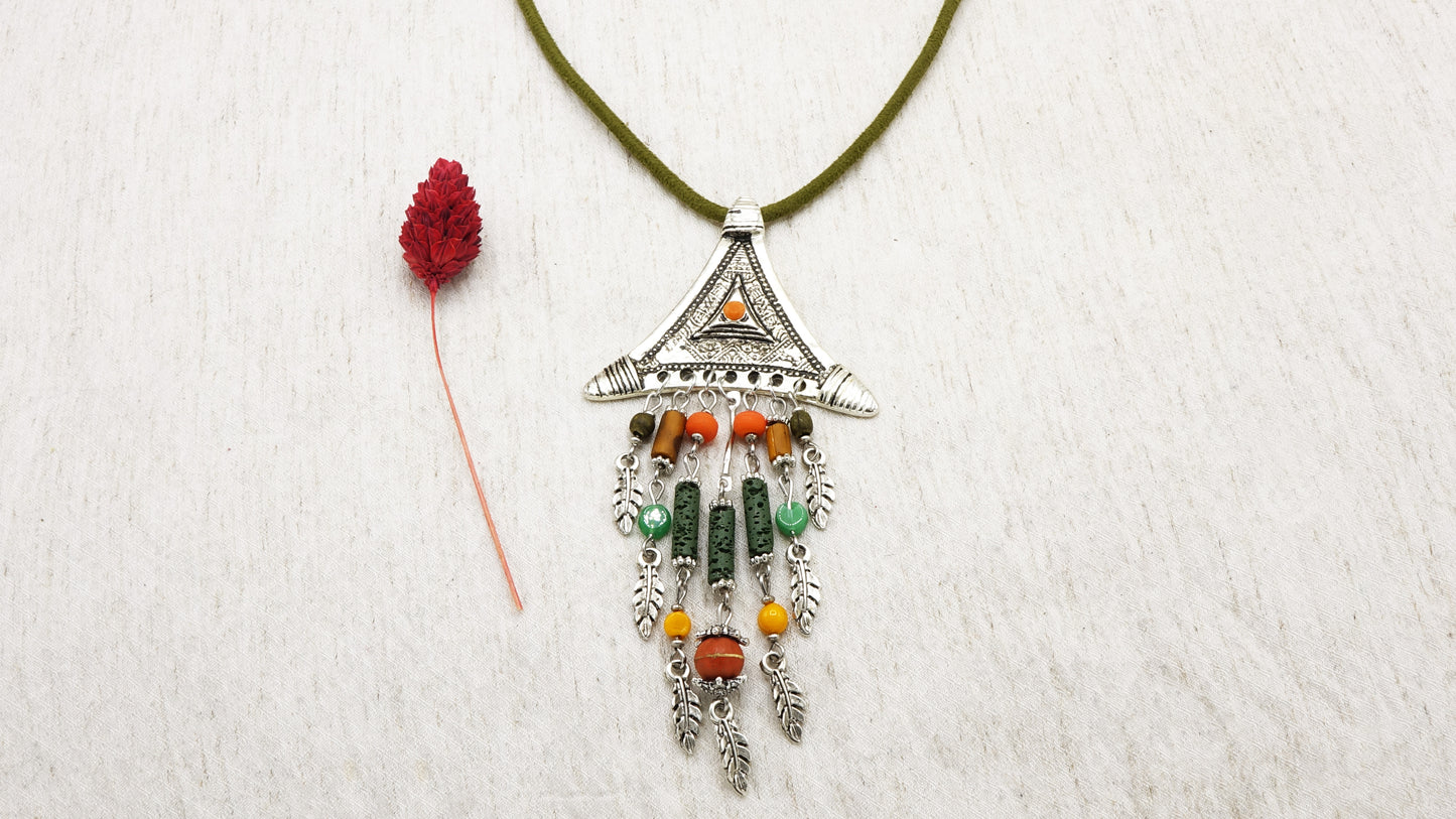 Long Beaded Feather Necklace