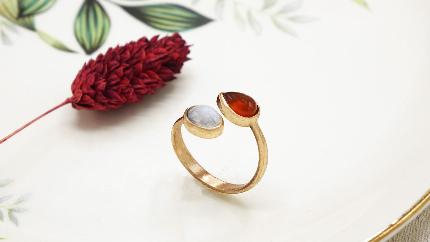 Red Agate and Moonstone Double Gemstone Ring