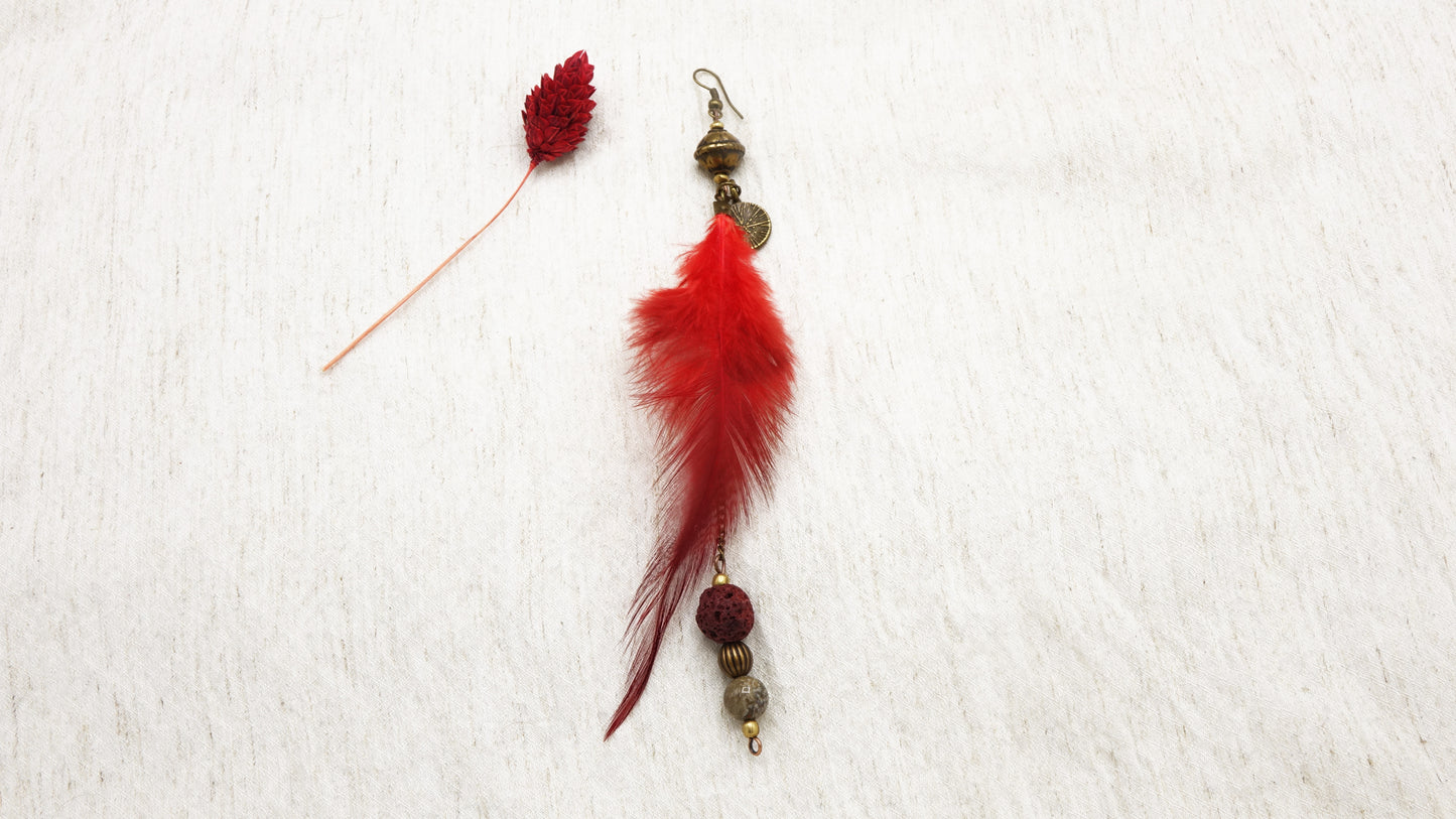 Boho Feather Earrings - Flame Red