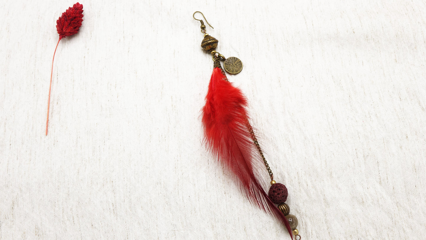 Boho Feather Earrings - Flame Red